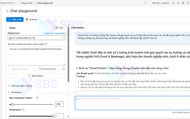 Tạo xong một chat AI cá nhân model GPT 4.1 với azure AI