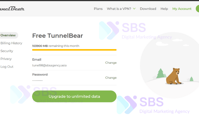 Tài khoản Tunelbear VPN 100gb